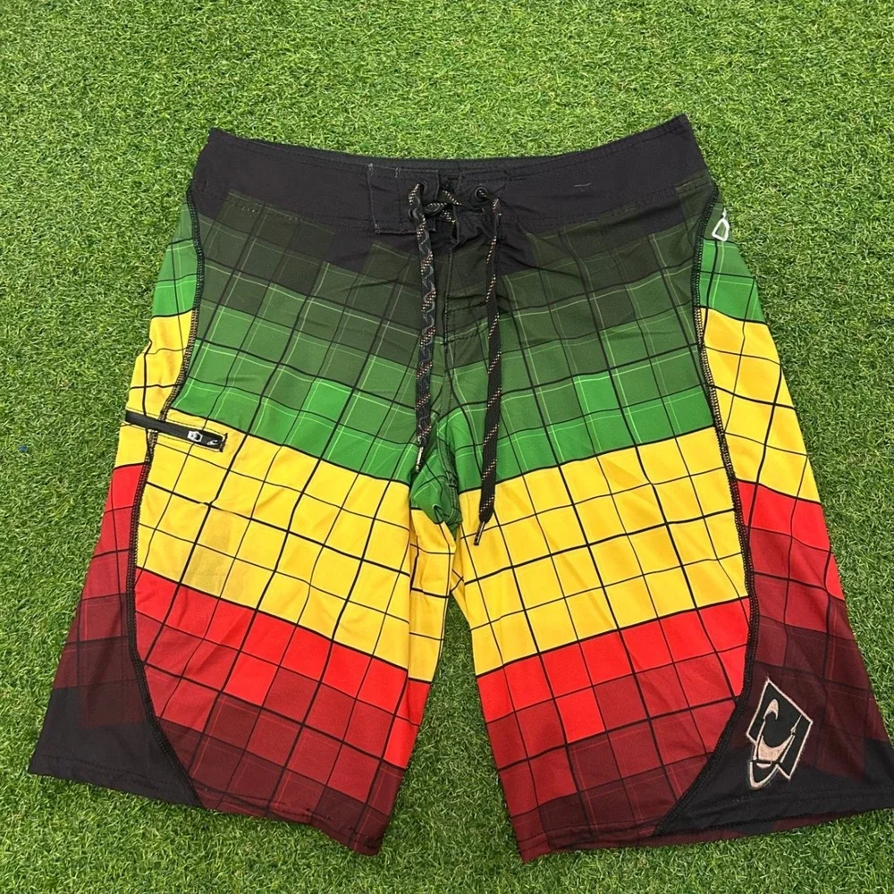 ONeill Hyperfreak Men Board Short Size 31 Rasta Green Yellow Red Grid Swim Trunk